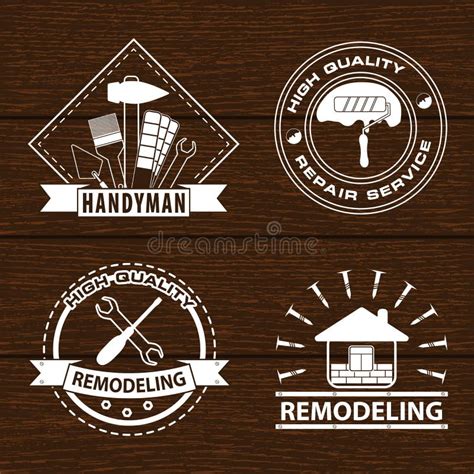 Set of House Renovation Labels and Home Remodeling Logos. Handyman Logo on Wooden Background ...