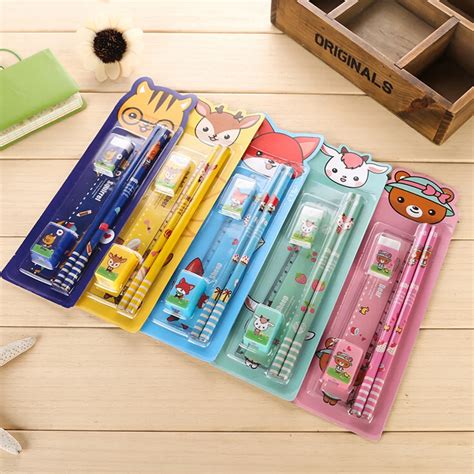 5PCS/Pack Stationery Set pencil rubber ruler sharper Cute Cartoon Kids Stationery Set School ...