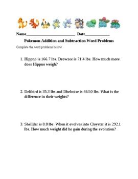 Pokemon Math Word Problems with Decimals by Dawn Stane | TPT