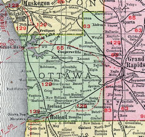 Ottawa County, Michigan, 1911, Map, Rand McNally, Grand Haven, Holland ...