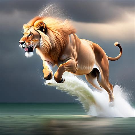 Premium AI Image | Lion jumping out of the water Lion hunts from the water