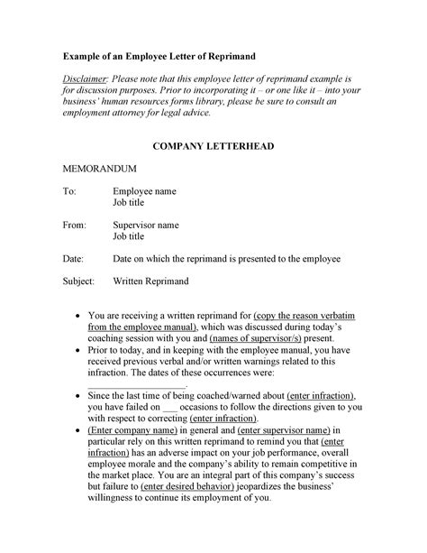 Letter Of Reprimand Template