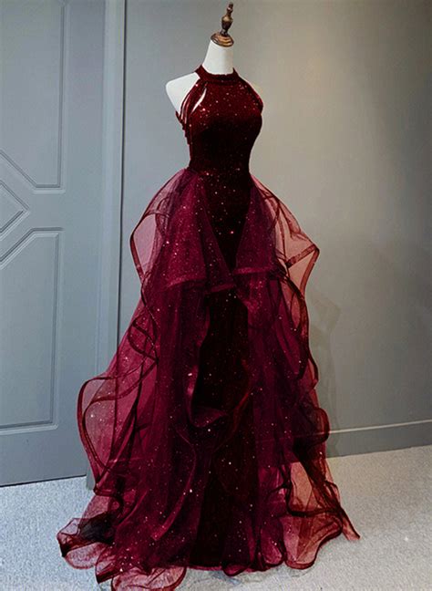 Wine Red Sequins with Tulle Long Party Dress, Wine Red Halter Evening ...