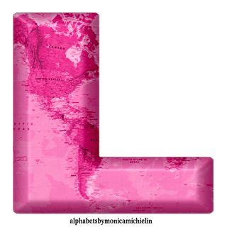 the letter l is made up of pink paint and has a world map on it