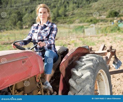 Female Farmer Working on Farm Tractor Stock Image - Image of girl ...