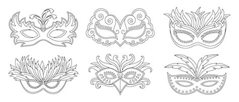 Premium Vector | Masquerade carnival masks, outline drawing set ...