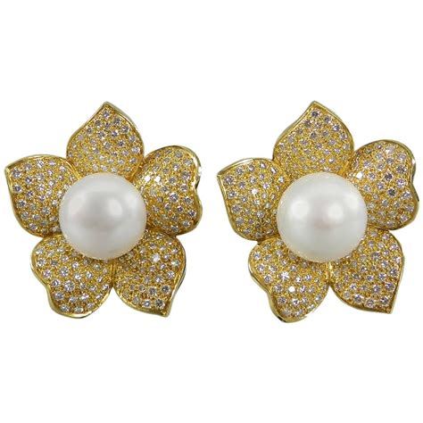 Pearl Diamond Gold Flower Earrings at 1stdibs