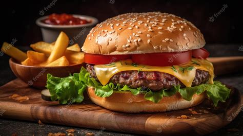 Premium Photo | A cheeseburger with french fries on a wooden board