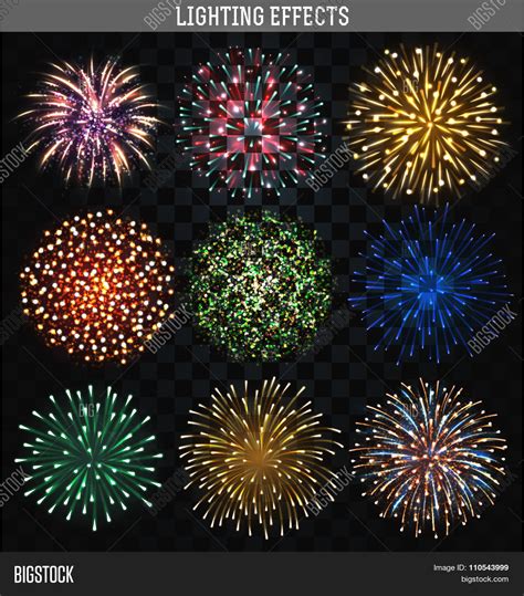 Set 9 realistic fireworks different shapes. Colorful festive, bright ...