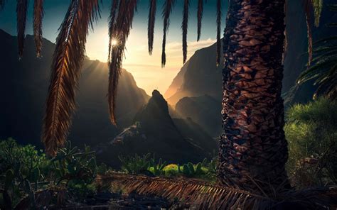 Download wallpapers tropical islands, morning, sunrise, mountains ...