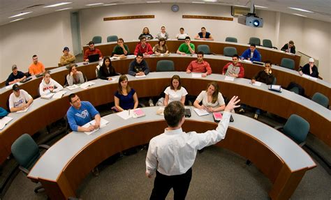 fisheye photograph of professor in college classroom