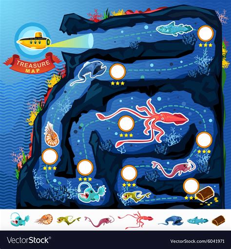 Deep sea exploration treasure game map Royalty Free Vector