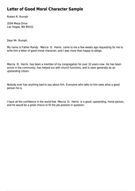 Letter Of Good Moral Character Sample printable pdf download