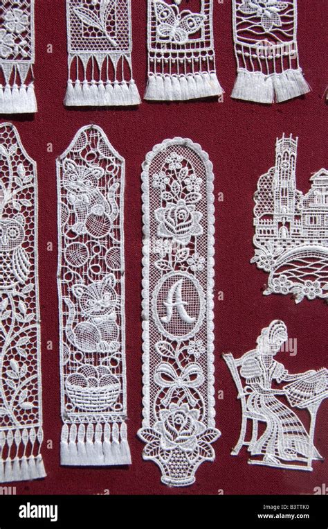 Belgium, Brugge (aka Brug or Bruge). World famous Belgium lace, handmade bookmarks Stock Photo ...