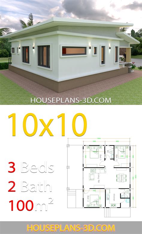 House Design 10x10 with 3 Bedrooms full interior - House Plans 3D