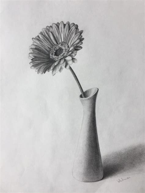 $80 Gerbera flower in a vase, still life sketch. Original art, graphite pencil drawing by ...