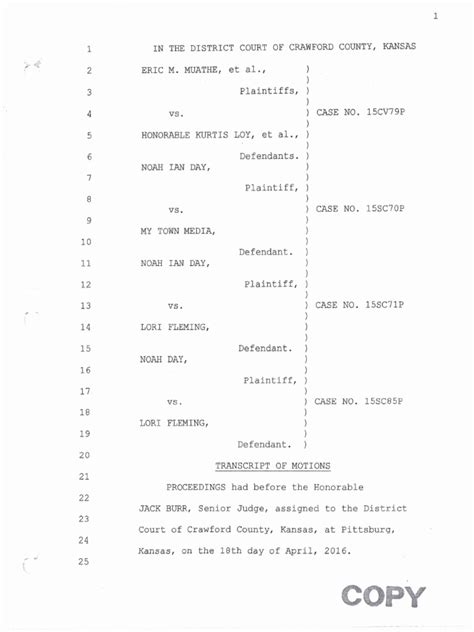 Court Hearing Transcript In CRAWFORD COUNTY, KANSAS Court: CASE NO. 15SC70P, CASE NO. 15SC71P ...