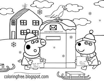 Easy preschool activity cute red robin bird winter scene post box Christmas Peppa pig coloring ...