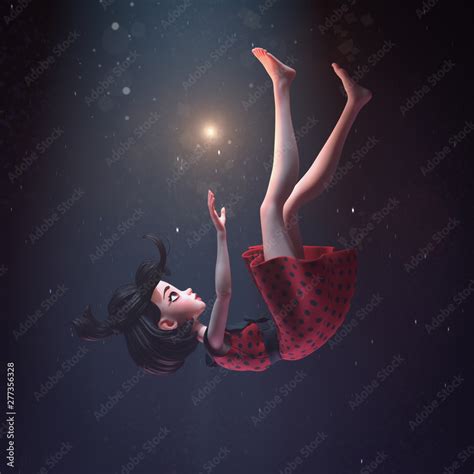 3d illustration of a girl in a retro dress falling down in deep space ...