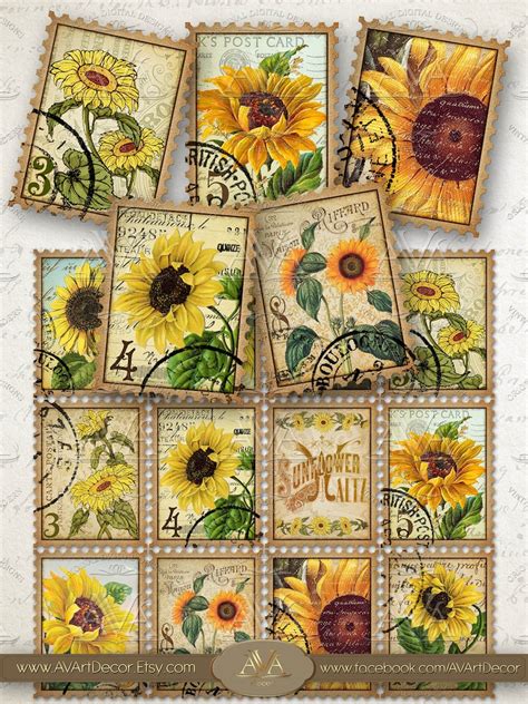 Sunflower Stamps Faux Printable Digital download Floral Postal | Etsy