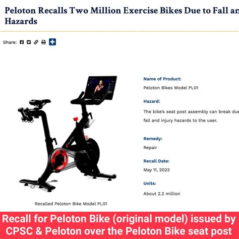 Recall for Peloton Bike (original model PL01) issued by CPSC & Peloton over the Peloton Bike ...