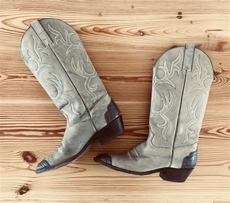 Womens 8.5 Texas Cowboy Cowgirl Boots Distressed Vintage Grey Leather ...