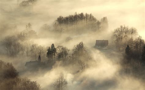 nature, Landscape, Sunrise, Mist, House, Trees, Morning, Aerial View Wallpapers HD / Desktop and ...