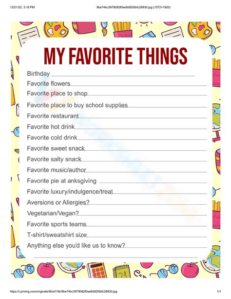 Favorite Things List Worksheet