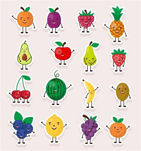 Set of cute vector stickers. Funny cute fruit with the happy face ...