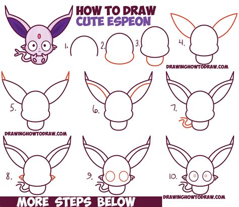 How to Draw Cute Kawaii / Chibi Espeon from Pokemon Easy Step by Step Drawing Tutorial for Kids ...