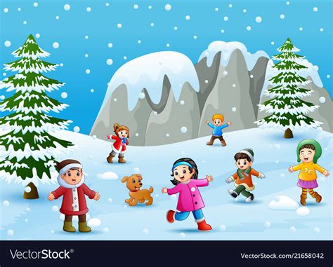 Cartoon kids and dog playing in the snow Vector Image