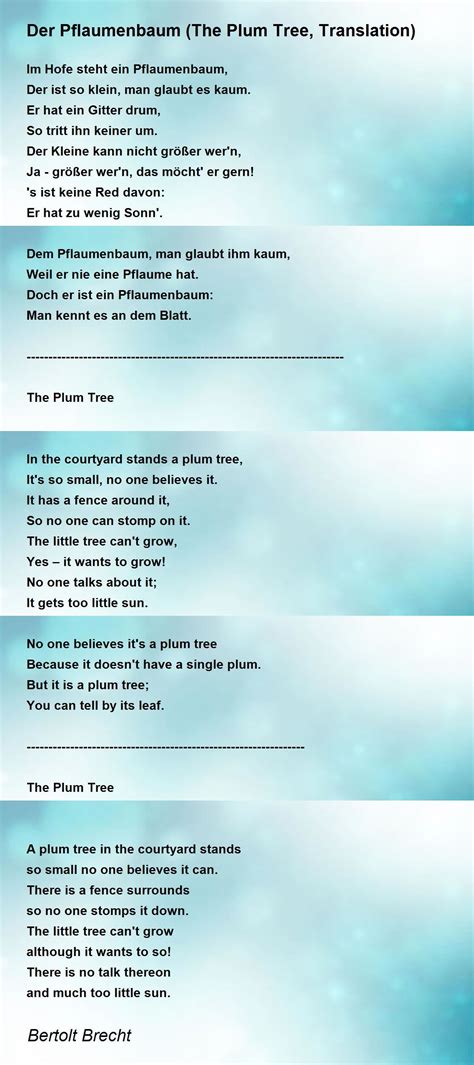 Der Pflaumenbaum (The Plum Tree, Translation) Poem by Bertolt Brecht - Poem Hunter