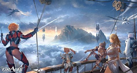 HD wallpaper: flight, mountains, birds, rocks, ship, lineage 2, characters | Wallpaper Flare