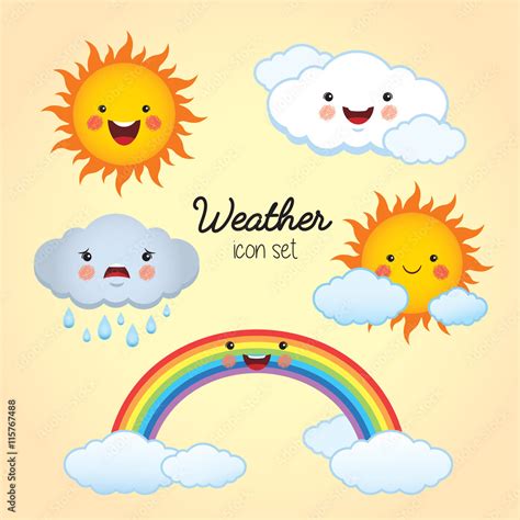 Weather icon set. Sunny, cloudy, rainy, partly cloudy and rainbow ...