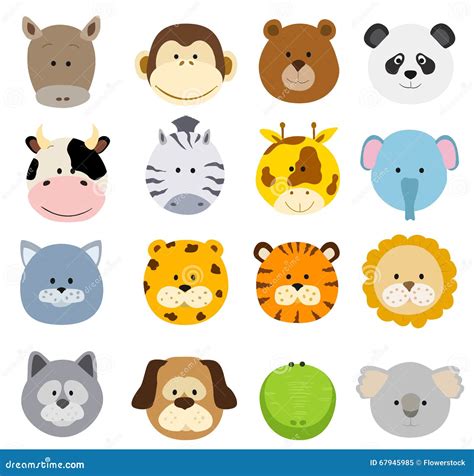 Set Of Cartoon Animals Faces. Vector Collection Of Cute Jungle A Stock ...