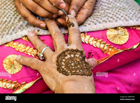 Indian wedding, bride hand applying mehndi, India, MR#773A Stock Photo ...