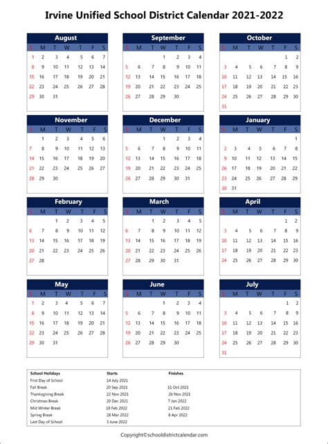 Irvine Unified School District Calendar Holidays 2021-2022