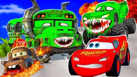 Big & Small:McQueen and Mater vs Miss Fritter ZOMBIE Flatbed Trailer ...