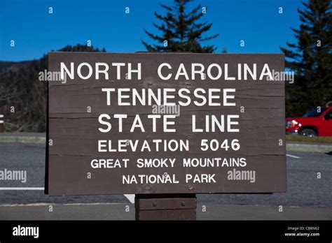 Tennessee - North Carolina state line. The sign in Smoky Mountains by Appalachian Trail Stock ...