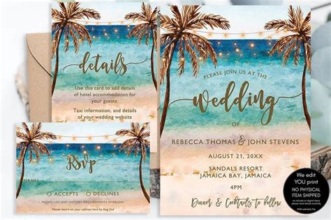 Editable Beach Wedding Invitation Set, Beach Wedding Invitation Template Set, Tropical Wedding ...