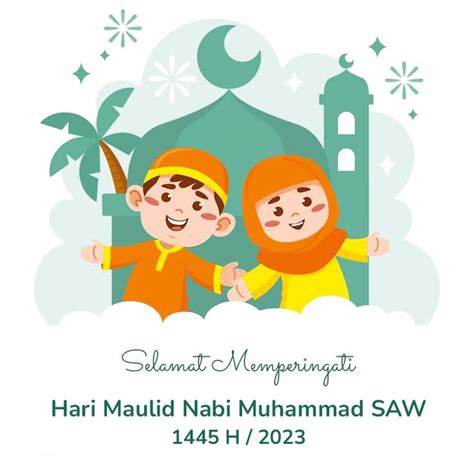 kartun ucapan maulid nabi 2023 ke 1445 hijriah | Kartu, Seni daun, Kartun