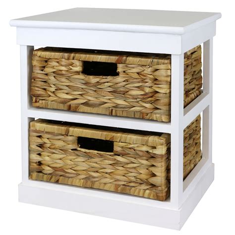 HARTLEYS WHITE 2 BASKET BEDSIDE TABLE/HOME STORAGE UNIT/WICKER DRAWERS ...