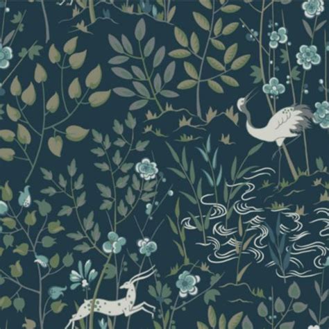 Nature's Folly Wallpaper with Antelope & Cranes in Stylized Forest Design