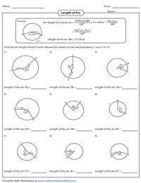 Arc Length and Area of a Sector Worksheets