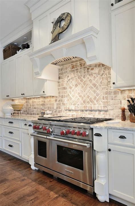 Kitchen Brick Backsplash. Kitchen with granite countertop and brick backsplash. #BrickBacksplash ...