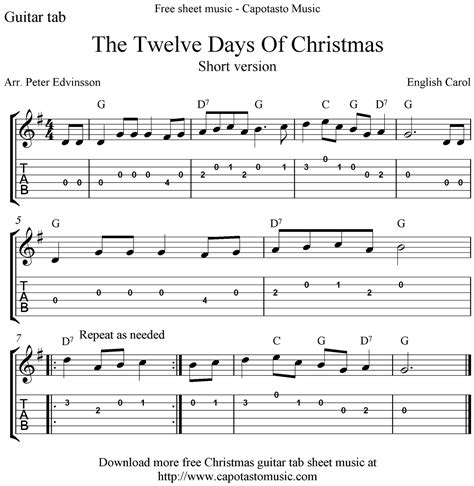 Free Sheet Music Scores: The Twelve Days Of Christmas, free guitar tablature sheet music | Sheet ...