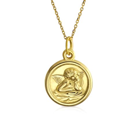 Bling Jewelry - 14K Yellow Real Gold Religious Round Disc Medal Guardian Angel Cherub Pendant ...