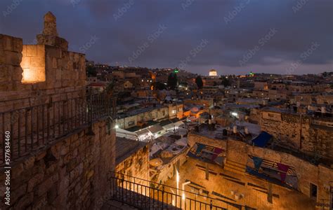 Jerusalem Old City night panorama from Damascus gate Stock Photo ...