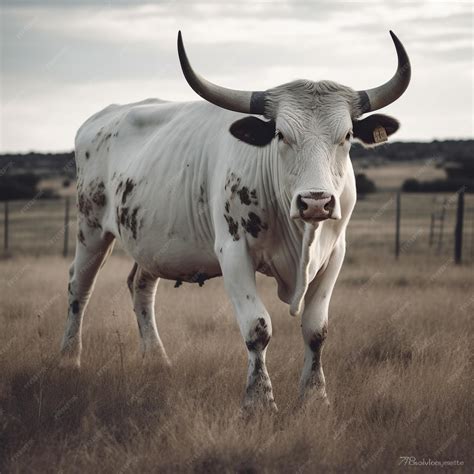 Premium AI Image | A white cow with horns stands in a field.