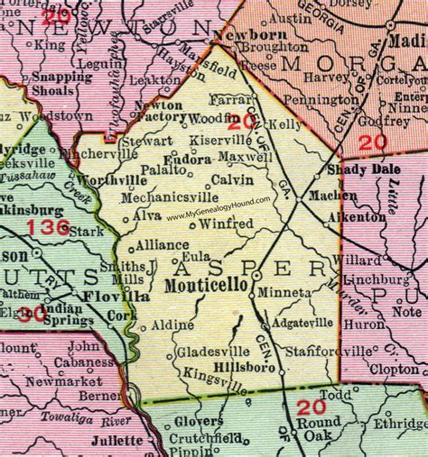 Jasper County, Georgia, 1911, Map, Monticello, Shady Dale, Adgateville ...